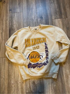 NBA Los Angeles Lakers Cream Crewneck with Yellow & Purple Graphics